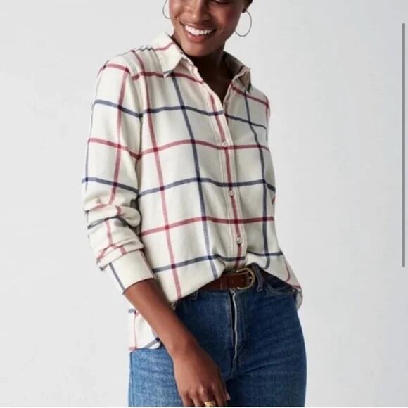 Faherty The Classic Stretch Windowpane Flannel Button-Up Shirt Cream Red Blue XS - Picture 1 of 10